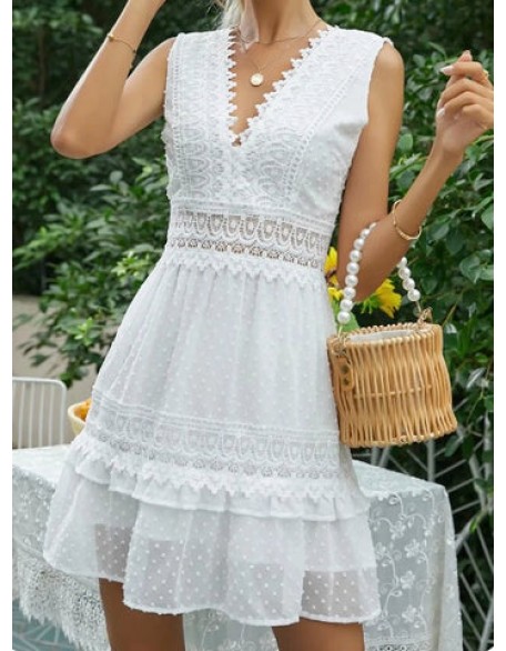 Deep V Elegant White Lace Backless Hollow Out Long Maxi Dresses