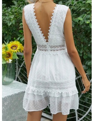 Deep V Elegant White Lace Backless Hollow Out Long Maxi Dresses