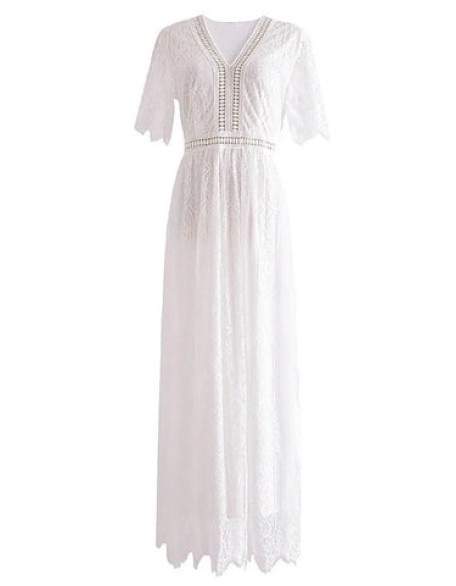 Deep V Elegant White Lace Backless Hollow Out Long Maxi Dresses