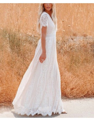 Deep V Elegant White Lace Backless Hollow Out Long Maxi Dresses