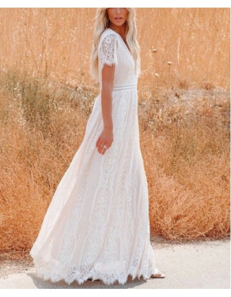 Deep V Elegant White Lace Backless Hollow Out Long Maxi Dresses