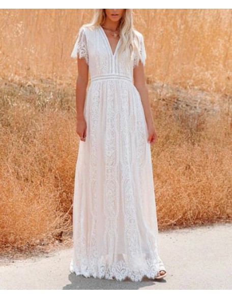 Deep V Elegant White Lace Backless Hollow Out Long Maxi Dresses