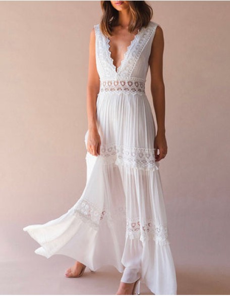 Deep V Elegant White Lace Backless Hollow Out Long Maxi Dresses