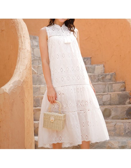 Elegant ruffle lace cotton Vintage lantern sleeve hollow out Short dress