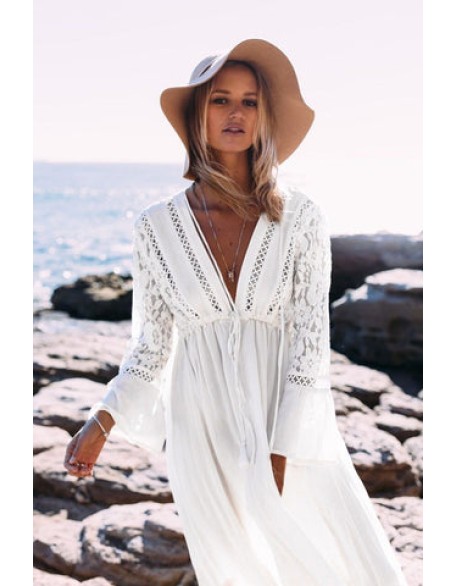 Boho Long Tunic White Lace Long Sleeve Sexy Maxi Dress