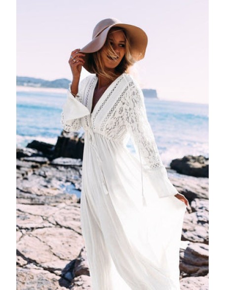 Boho Long Tunic White Lace Long Sleeve Sexy Maxi Dress