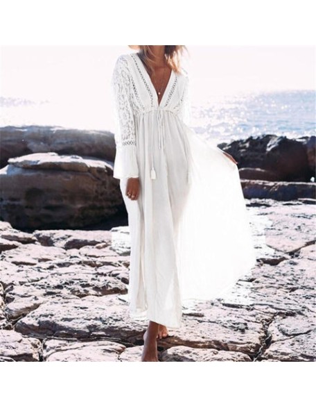 Boho Deep V Neck Hollow Out Long Dress