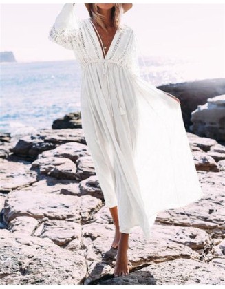 Boho Deep V Neck Hollow Out Long Dress