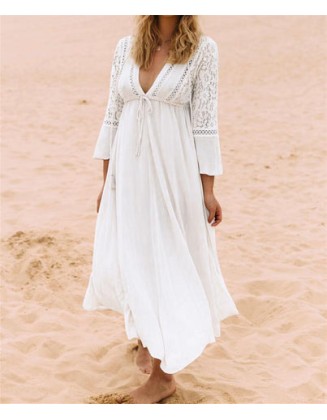 Boho Deep V Neck Hollow Out Long Dress