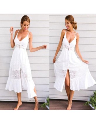 White Party Sundress Lace Vneck Maxi Dress