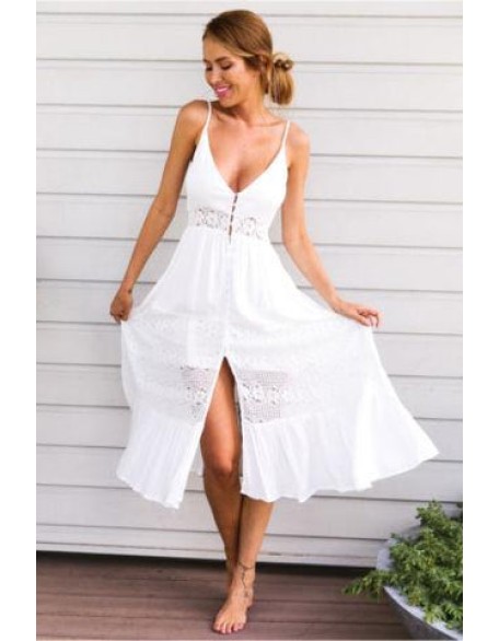 White Party Sundress Lace Vneck Maxi Dress