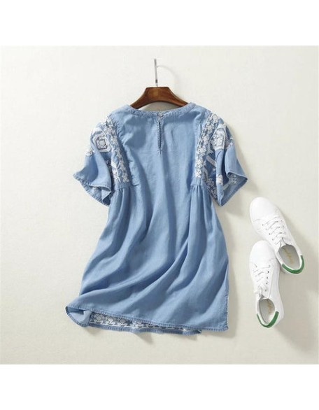 Floral Embroidery Blouse Denim Loose Shirt