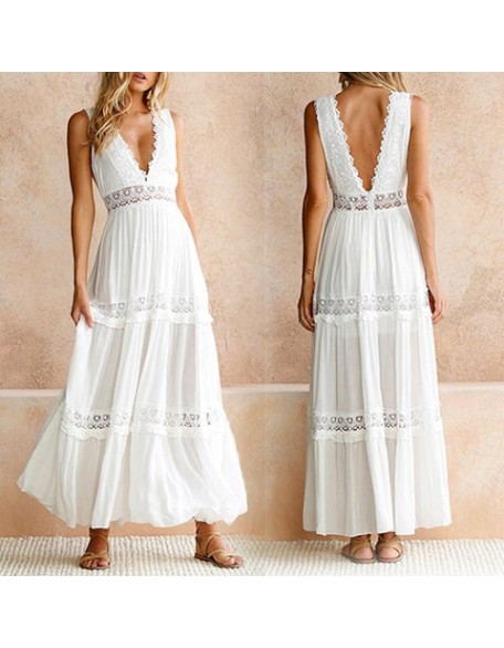 Deep V Elegant White Lace Backless Hollow Out Long Maxi Dresses