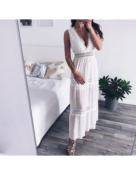 Deep V Elegant White Lace Backless Hollow Out Long Maxi Dresses