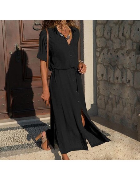 Casual Long Sleeve Button Shirt Maxi Dress