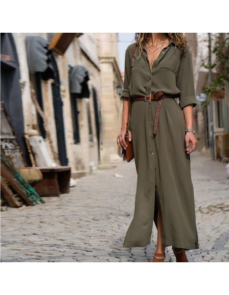 Casual Long Sleeve Button Shirt Maxi Dress