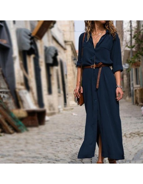 Casual Long Sleeve Button Shirt Maxi Dress