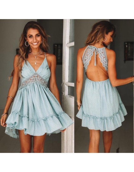 Retro 6 Color Lace Sexy Strap Backless Dress