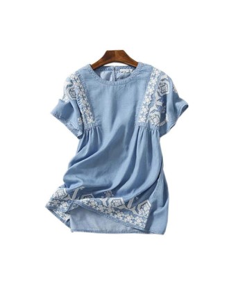 Floral Embroidery Blouse Denim Loose Shirt