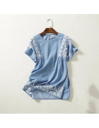 Floral Embroidery Blouse Denim Loose Shirt