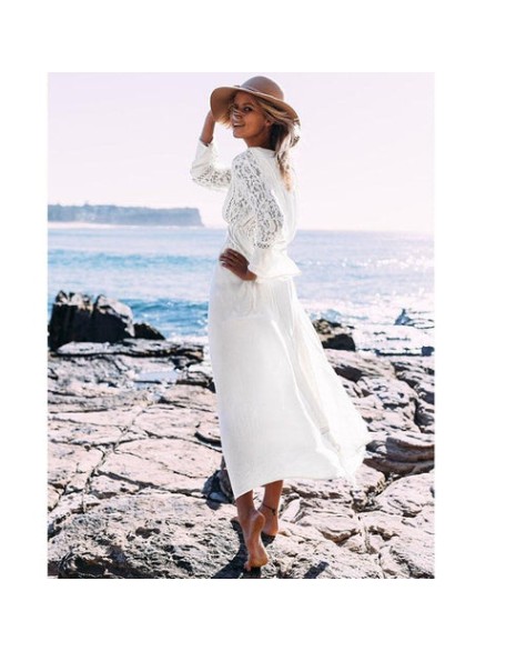 Boho Long Tunic White Lace Long Sleeve Sexy Maxi Dress