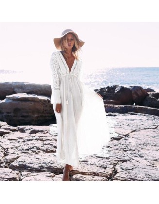 Boho Long Tunic White Lace Long Sleeve Sexy Maxi Dress