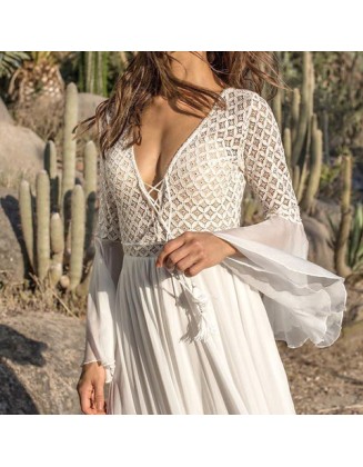 Boho White  Patchwork Lace Up Maxi Dress