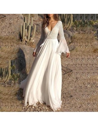 Boho White  Patchwork Lace Up Maxi Dress