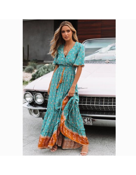 Boho Floral  Waist Tie Chic  Maxi Dress