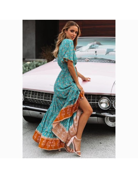 Boho Floral  Waist Tie Chic  Maxi Dress