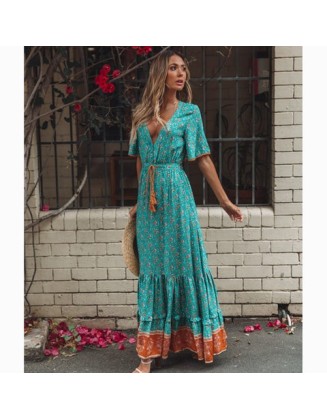 Boho Floral  Waist Tie Chic  Maxi Dress