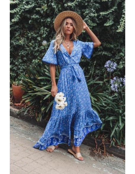 Boho Floral  Waist Tie Chic  Maxi Dress