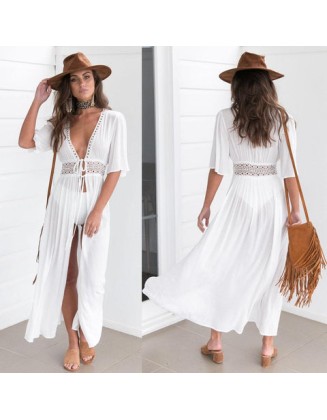 Solid White Cover up Swimwear Chiffon Kimono Cardigan