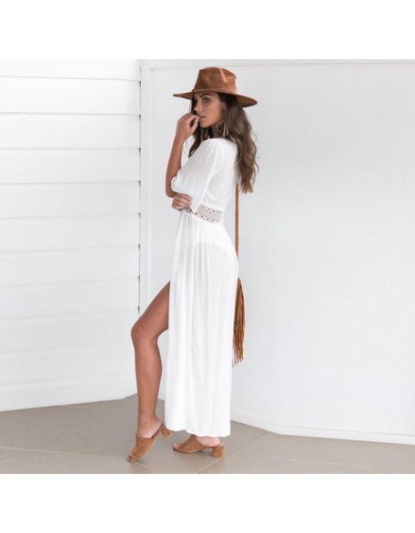 Solid White Cover up Swimwear Chiffon Kimono Cardigan