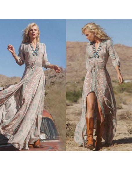 Floral Chiffon Boho Vintage Print V Neck Beach Maxi Long Dress