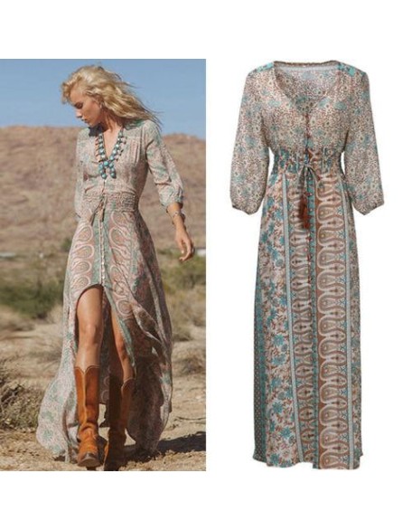 Floral Chiffon Boho Vintage Print V Neck Beach Maxi Long Dress